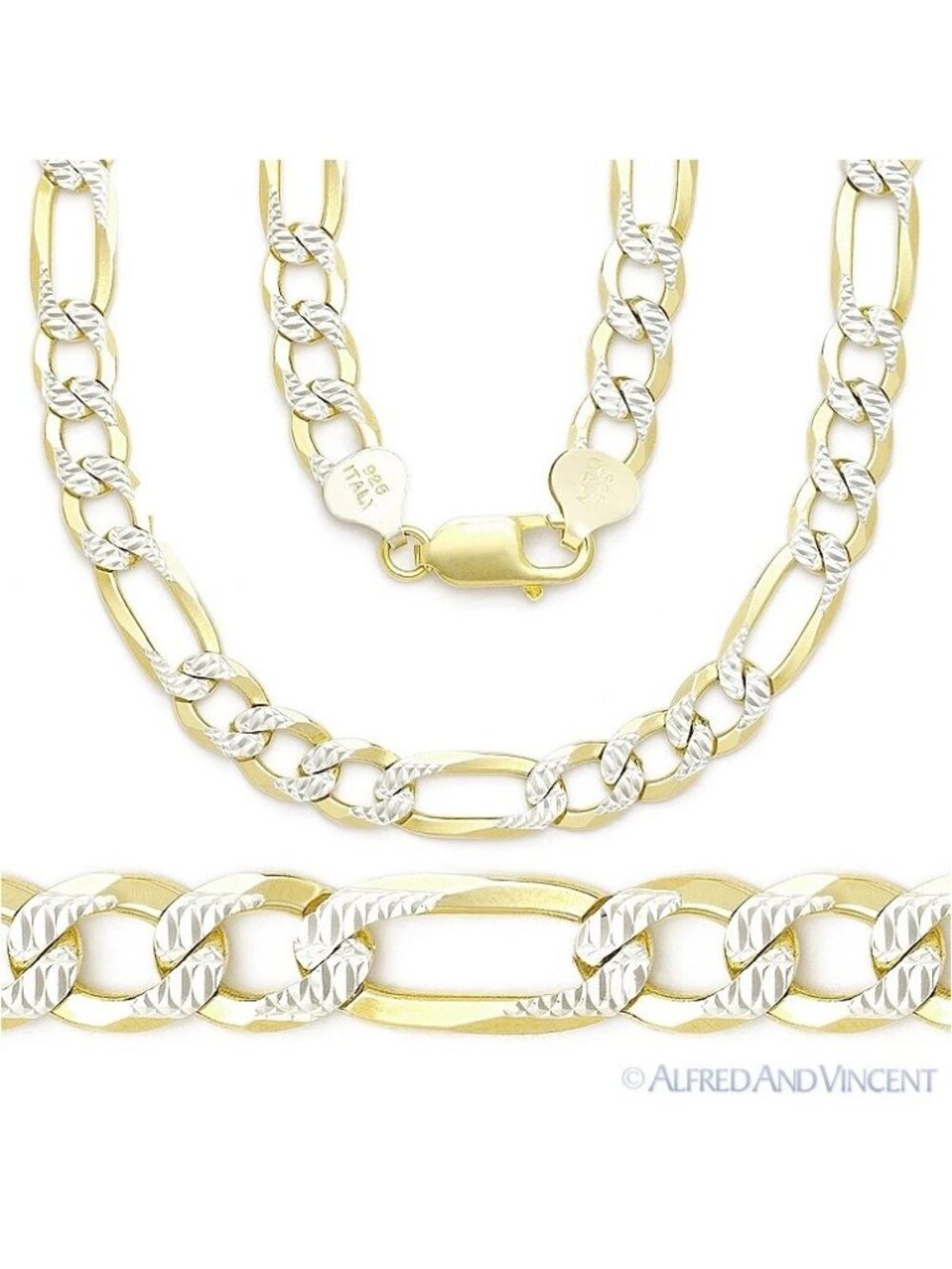 8.3mm Figaro Link 925 Sterling Silver 14k Yellow Gold-Plated Mens Chain Necklace